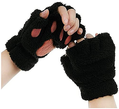Katzenpfoten Fingerlose Handschuhe Winter Plüsch Katze Handschuh Weiss für Kinder Damen Mädchen Halb Dicken Warmen Fingerhandschue Niedlich Cartoon