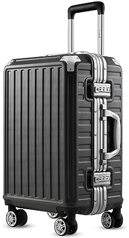 LUGGEX Handgepäck Koffer ohne Reißverschluss Hartschalenkoffer Aluminiumrahmen Reisekoffer mit Rollen Koffer Trolley Klein (Schwarz, 55cm, 36L) Metal Corner