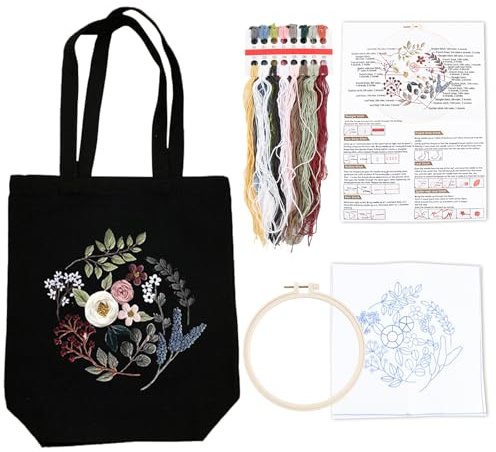 Juego de bordado con bolsa de lino, lona para principiantes, adultos, diseño floral, kit (idioma español no garantizado)