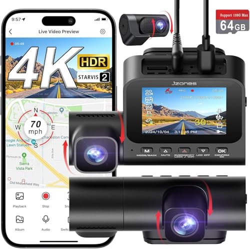 Jzones Dash Cam Auto con Scheda SD 64G, Dashcam con GPS e WiFi 4K+1080P+1080P Tripla Telecamera Anteriore e Posteriore, Visione Notturna, Registrazione in Loop, Modalità Parcheggio 24H, Controllo APP