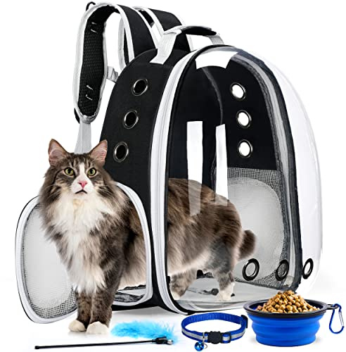 Cat Backpack Carrier with Collapsable Dog Bowl, Cat Collar & Interactive Cat Toy (4 Pcs Set)- Airline Approved Cat Carrier Bag for Medium Dogs & Cats, Animal Carrier Backpacks, Pet Backpack |Black