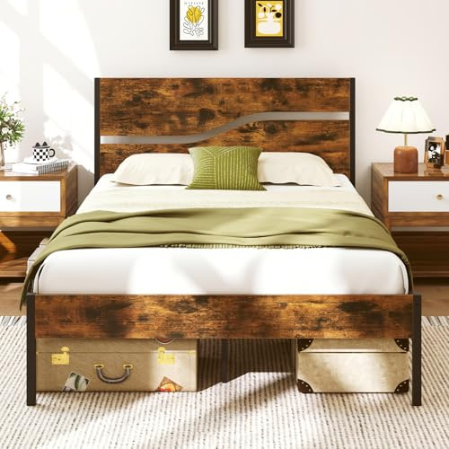 COSTWAY Cama Matrimonial 140 x 200cm, Marco Metálicas, Estructura Cama Industrial con Cabecero y Piecero de Madera, Espacio Bajo