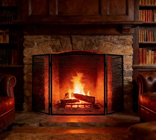 Kingson Parascintille Extra Large ad Arco a 3 Pannelli – Parascintille per Camino in Ferro Battuto Nero – Parascintille Pieghevoli con Maglia – 102 x 54 cm – Resistente al Calore, Sicuro per Bambini e