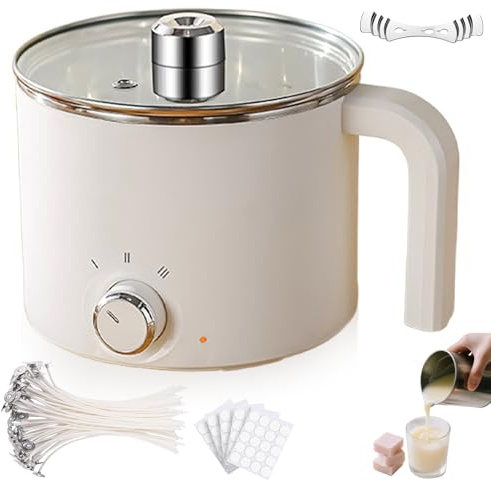Cera di fusione elettrica da 1,8 l, per la produzione di candele, accessori inclusi stoppini, adesivi per stoppini, dispositivo di centraggio, cucchiaio, pentola per fusione candela fai da te, bianco