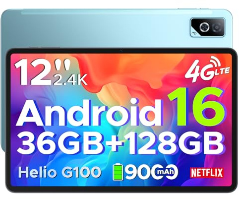 DOOGEE Tab G6 Pro Android 16 Tablet 12 Zoll 90Hz 2,4K 36GB RAM+128GB ROM/TF 2TB, Helio G100 Octa-Core, Gemini AI Tablet mit Sim Card Slot, 4G LTE+5G WIFI/9000mAh/13MP+8MP/OTG/Face ID/Dual-Lautsprecher