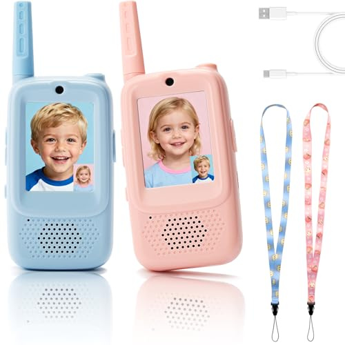 Pack de 2 Talkies-Walkies Enfants avec Appel Vidéo – sans Wi-FI, Rechargeable – pour Jeu Intérieur/Extérieur et Camping – Cadeau 3-12 Ans (Bleu/Rose)