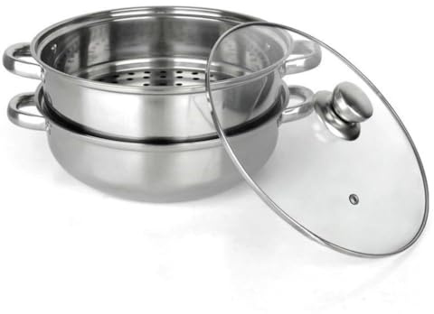 FUBESK - Pentola a vapore a doppio strato in acciaio inox con coperchio in vetro, 28 cm, per zuppe e cucina multiuso, compatibile con fornelli a gas, a induzione e alogeni