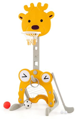 FANTASK Cesta de Baloncesto Infantil 4 en 1, Soporte de Baloncesto Ajustable en Altura, portería de fútbol, tirada y Golf, Juego de Baloncesto para niños a Partir de 3 años, Amarillo