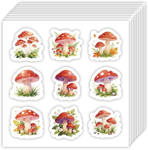 OLYCRAFT 180Piezas Cartoon Mushroom Calcomanías 20 Hojas Flowers Forest Autoadhesiva Scrapbooking Calcomanías Red Mushroom Decorativas Calcomanía para DIY Manualidades Planificador Calendarios