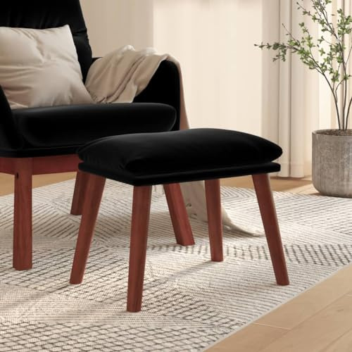 LoogCape Fotpall svart 45 x 29,5 x 35 cm sammet sittkub stopppall med träben för vardagsrum sovrum hall och förvaringsutrymme