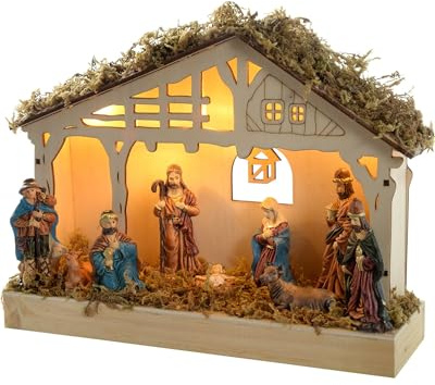 WeRChristmas Crèche de Noël en Bois illuminée avec 5 LED Blanc 26 cm