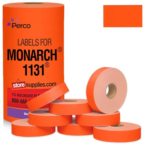 Perco Fluorescent Red Pricing Labels - 20,000 Price Marking Labels for Monarch 1131 Price Gun with Ink Roll Included - 8 Rolls Value Pack, 1 Sleeve - Made in USA