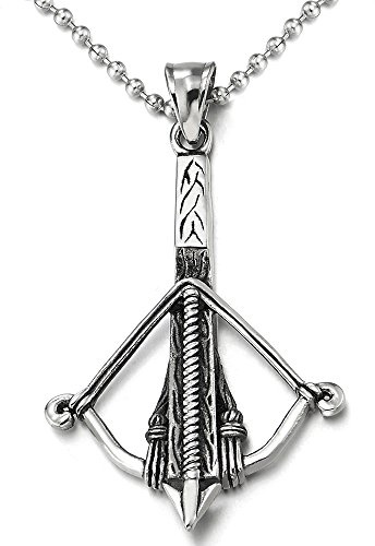 COOLSTEELANDBEYOND Acero Inoxidable Arco y Flecha de Tiro Colgante, Collar con Colgante de Hombre Mujer Muchachos Niños, Bola Cadena 75CM