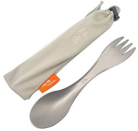TiTo Titanium Titane Fourchette Cuillère Légère 2 en 1 Ustensile de Voyage Multifonctionnel Spork Réutilisable avec Sac pour Camping Randonnée(Titanium Color)