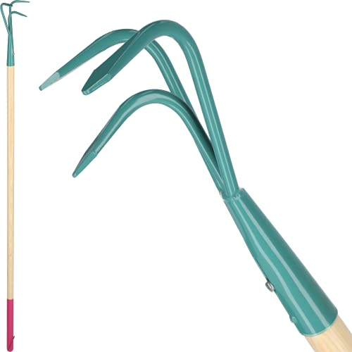 KADAX Grubber, Kultivator für Damen, Gartenzubehör aus Stahl, Gartenhacke mit langem Stiel, Handgrubber, ergonomische Blumenkralle zum Lockern des Bodens, Blumenharke (3 Zinken, mit Holzstiel)