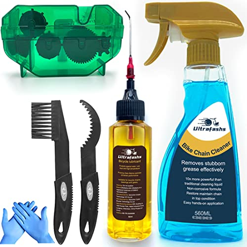 Ultrafashs Bike Chain Oil Lubricant and Cleaner Set with Bicycle Degrease,Wet Lubricant,Chain Scrubber Cleaning Brush Tool.Lubricant-60ML,Cleaner-560ML.