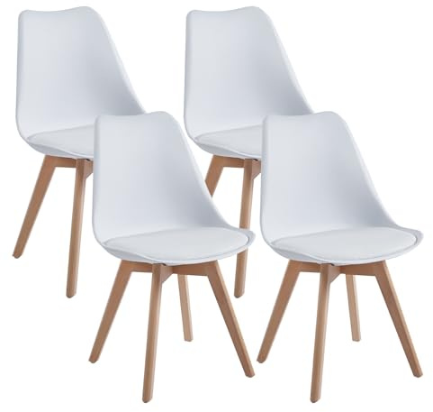 DEWINNER Chaises Salle à Manger, Chaise Cuisine Lot de 4, Chaise Scandinave Lot de 4, Chaise Bureau avec Pieds en Bois de Hêtre Massif, Chaise Blanche