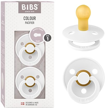 BIBS Colour Soother 2-Pack, BPA Free Dummy Pacifier, Round Nipple. Natural Rubber Latex, Made in Denmark, Size 1 (0-6 Months), White