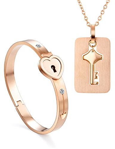 2 pezzi braccialetto con ciondolo lucchetto catena chiave set per coppie, oro rosa in acciaio inox cuore blocco bracciale bracciali donna uomo collana catene per coppia partner amicizia regalo BFF