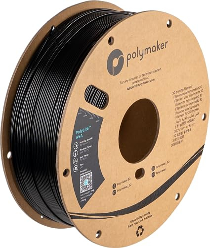 Polymaker ASA Filament, 1,75 mm, ASA tiefschwarz, 1 kg, hitze- und wetterfest, ASA Kartonspule 1,75 – ASA PolyLite 3D-Drucker-Filament, tiefschwarz, perfekt für