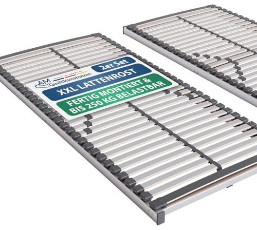 AM Qualitätsmatratzen Stabiler Lattenrost 90x200 bis 250kg 2er Set mit 30 Federleisten - Made in Germany - Stabiles Lattenrost für Übergewichtige - Bettrost XXL für schwere Matratzen fertig montiert
