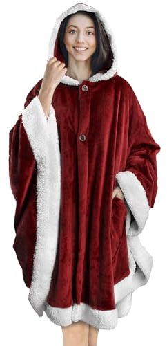EHOTER Coperta indossabile con cappuccio oversize da donna in pile Sherpa, mantello scialle morbido e caldo con cappuccio, poncho avvolgente per adulti (rosso)