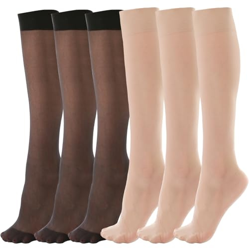 ZIHUA 6 Pairs Knee High Stockings for Women, 20 Denier Nylon Sheer Socks with Reinforced Toes(One Size,Black+Nude)