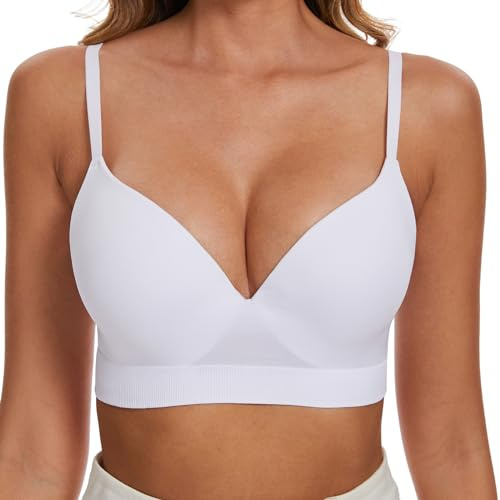 seagallery Seamless Push Up Bra for Women Wired Lifting Strap Multiway Convertible T-Shirt Bra Deep V Neck Plunge Bra White