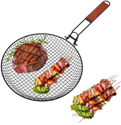 Golgner Cesta redonda para parrilla de acero inoxidable, cesta plegable para parrilla, cestas para parrilla al aire libre, plegable con asa, cesta para barbacoa, para pescado, verduras, carne