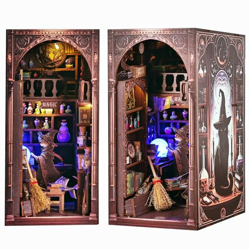 Magic Wizard Cat 3D Book Nook Kit, DIY Miniature House Booknook Dollhouse Kit for Adults and Teens, 3D Wooden Puzzle Bookend Bookshelf Insert Decor, Mini Magic House Model Build Gift