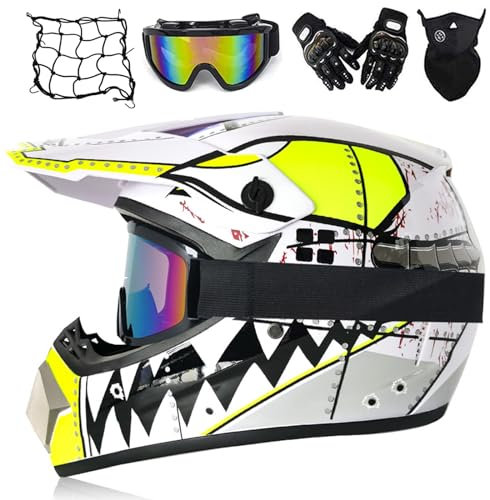 MRDEER Motocross Helm Kinder, Motorrad Crosshelm mit Brille Handschuhe Maske Netz Set für Herren Damen Off Road MTB Downhill Enduro Helm Abnehmbare Krempe Motorradhelm Sicherheit Schutz (XL,Weiß)