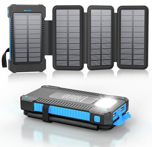 Solar Powerbank 26800 mAh mit 4 Solarpanel, Powerbank USB-C Schnellladung für iPhone Samsung und mehr, IPX7 wasserdichte Outdoor Externe Akkus mit Taschenlampen-Dauerlicht/SOS/Stroboskop (Blau)