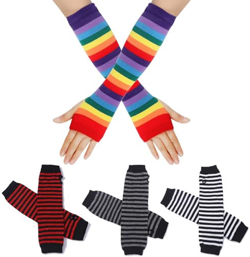 Soleeya 4 Paare Lange Fingerlose Handschuhe, Armstulpen Damen Dehnbare Stulpen Arm Daumenloch Fingerless Gloves Gestreift Arm Warmers Winter, Strickhandschuhe Damen Lang für Damen und Mädchen