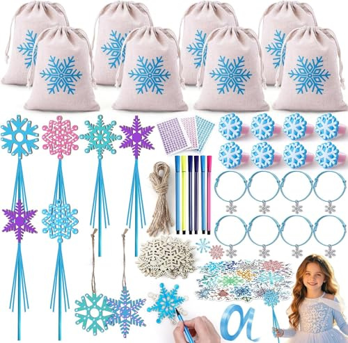 Toyssa Frozen Party Mitgebsel Kindergeburtstag mit Elsa Zauberstab Bastelset Aquarellstifte Kordelzugbeutel Schneeflocke Armbänder Ring Aufkleber Frozen Prinzessin Give Aways Eiskönigin Gastgeschenke
