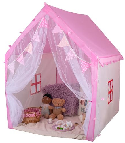 RELSY Pink Princess Tent | Cosy Pink & Cream Kids Playhouse For Activities | Includes 3 Metre Pink Heart LED Lights & Bunting| 125 x 130 cm Kids Pink Play Tent House/Pink Tent
