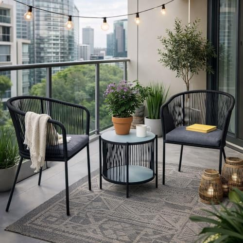 ESTEXO Bistro Set Balkonmöbel Sitzgruppe Outdoor Gartenset 2 Personen Rope Gartenset (Schwarz)