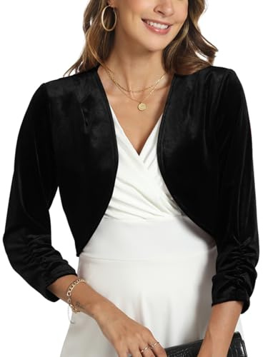 MINTLIMIT Velvet Shrug for Women's Ruched 3/4 Sleeve Open Front Cardigan Elegant Cocktail Party Cropped Bolero Jacket Black