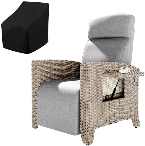 Fiutazge Tumbona de Ratán con Respaldo Regulable,Sillon Relax Reclinable,Chaise Longue con Cojín y Funda Sillas Jardin,Tumbonas Jardin para Terraza Patio,Marrón Ratán y Cojín Gris