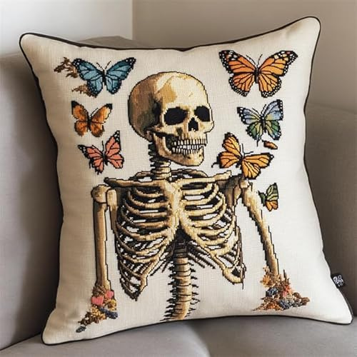 Kit di cuscino gancio di chiusura per adulti, farfalla scheletrata, tappeto fai da te, kit di fabbricazione del cuscino, motivo colorato, tela stampata, federa, kit di decorazione di 43 x 43 cm
