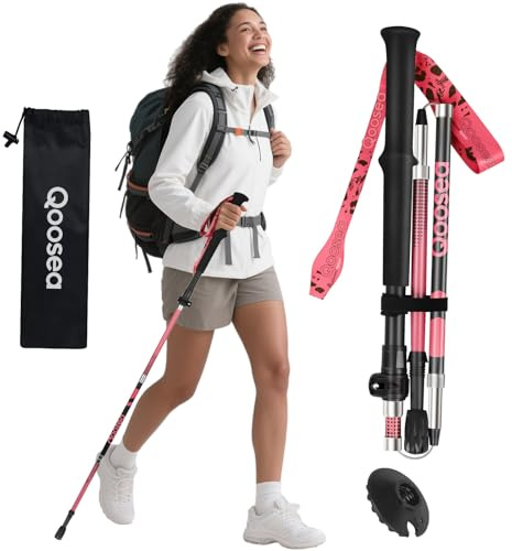 Qoosea Wanderstock für Damen, 1 Stück Premium Walking Stock Teleskop 110-125cm, [Kohlefaser] Faltbarer Trekkingstock mit Gummipuffer & Tasche, Hiking Pole für Wandern, Nordic Walking und Skitouren