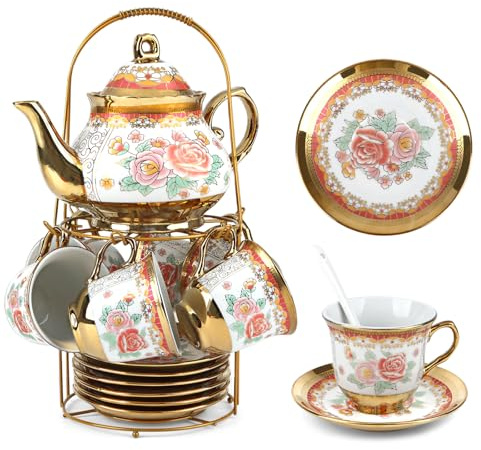 20 Pcs Porcelain Tea Set with Metal Holder, Ceramic Tea Cup Set Service for 6, Flower Tea Set for Women Adults, 1100ML Teapot,220ML Teacup, Tea Gift Sets for Home Party Wedding (Green)