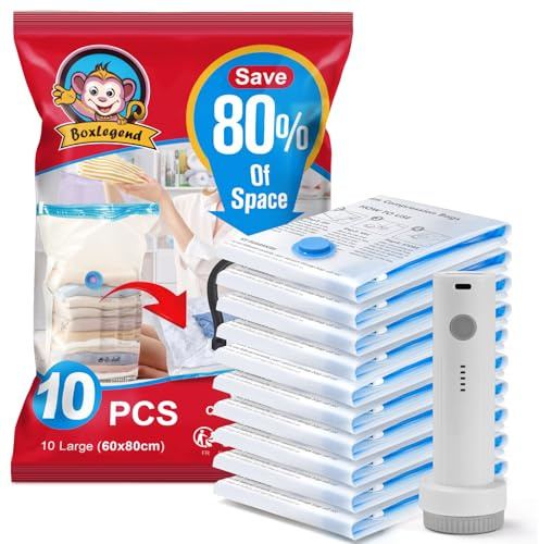 BoxLegend Sacchetti Sottovuoto Vestiti 10 Pezzi 80x60cm Sacco Sottovuoto Buste Sottovuoto Salvaspazio per Abbigliamento Piumini Biancheria da letto Peluche Giocattoli Cuscino Coperte 1 Pompa USB