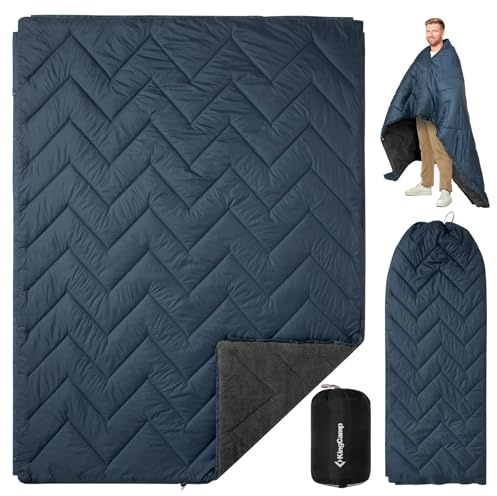 KingCamp campingfilt utomhus, alla väder varm sherpa fleece, resefilt, för inomhus, resor, vandring, picknick, strand, vandring, bil, camping och inomhus (grå/marinblå, 200 x 145 cm)