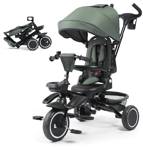 TODECARE 8 in 1 Kids Tricycle, Folding Toddler Tricycle w/Reversible Seat, Adjustable Push Rod & Canopy, Baby Trike Toddler Bike w/Bell, 5-Point Harness, Extra Storage, Cup Holder, Dark Green