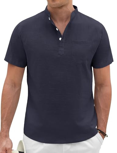 Voqeen Chemise Lin Homme Henley Tee Shirt Décontractés Chemise Manches Courtes Col Mao Été Chemisette De Plage sans Col À Boutons avec Poche