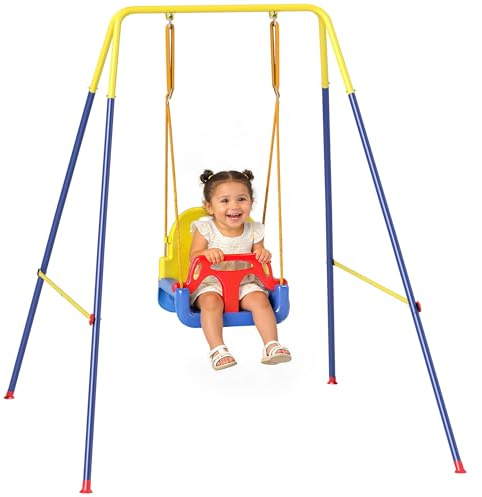 AIYAPLAY 3 in 1 Toddler Swing Set, Folding Kids Swing Set with Seat Belt, Adjustable Seat and Removable Guardrails for Indoor and Outdoor Use, Grows with Child from Baby to Kid, Blue
