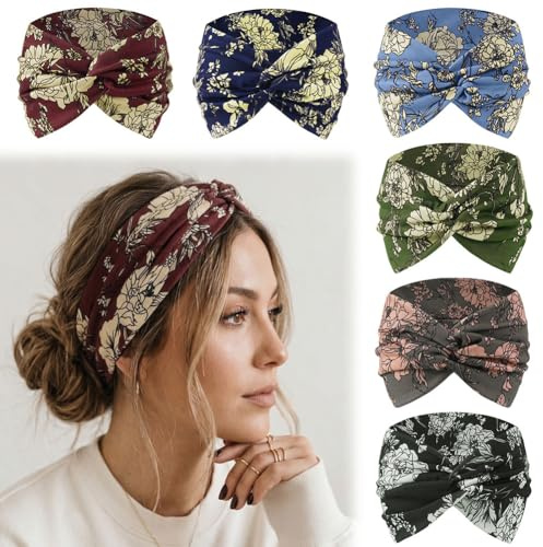 AOOHA 6 Pièces Bandeau Cheveux Femme Boho, Bandeaux Larges pour Femmes, Cross Noué Élastique, Yoga Sport Foulard, Multicolore Headband Accessoire Cheveux