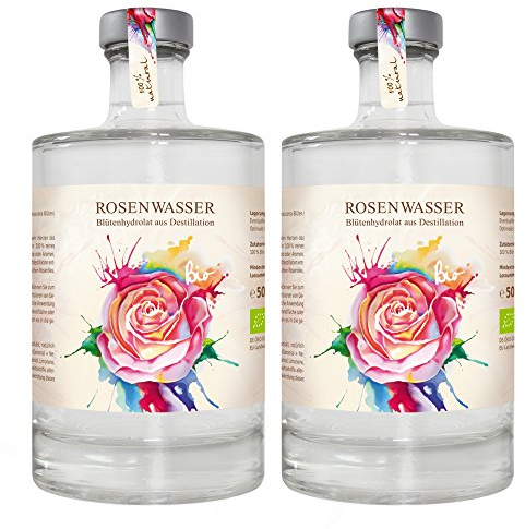 Bio Rosenwasser 2 x 500ml hoher Rosenöl-Gehalt durch doppelte Wasserdampfdestillation | Rosa damascena aus Bulgarien mit intensiver Note | ohne Zusatz von Alkohol | Glasflasche | EG-Bio Lebensmittel