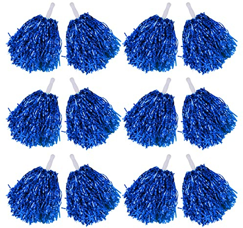 Comicfs 12 Pcs Metallic Cheerleading Pom Poms for Kids, Cheerleaders Cheer Pom Poms with Baton Handle, Cheering Squad for Adults Team Spirit Sports Game Dancing Party (Metallic Foil- Blue)