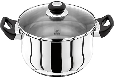 Judge Vista Stainless Steel Huge Stockpot with Twin Handles 24cm 5L, Shatterproof Vented Glass Lid, Induction Ready, Oven Safe, 25 Year Guarantee